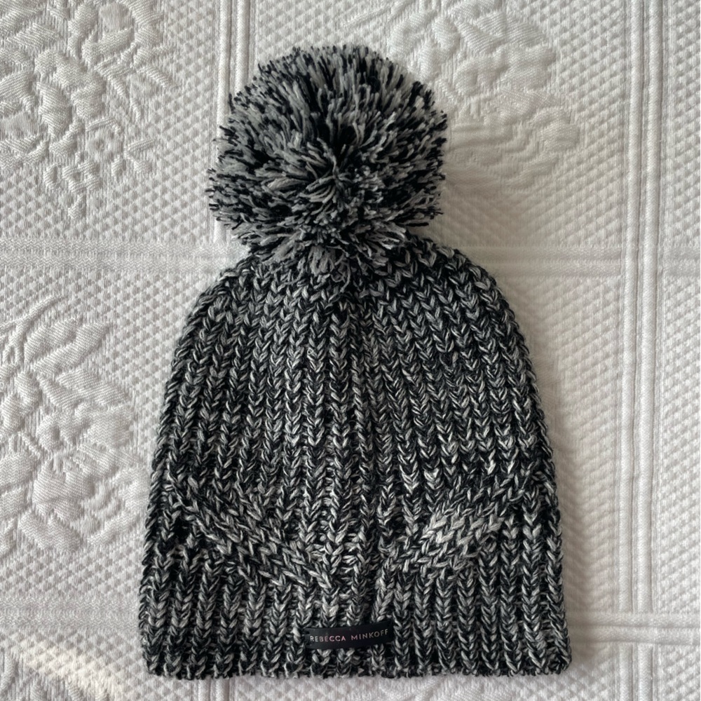 Rebecca Minkoff Marled Beanie & Hand/Arm Warmer Set Black/White Acrylic Knit - Picture 9 of 11